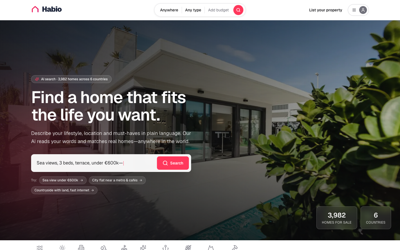 Habio homepage with AI property search hero