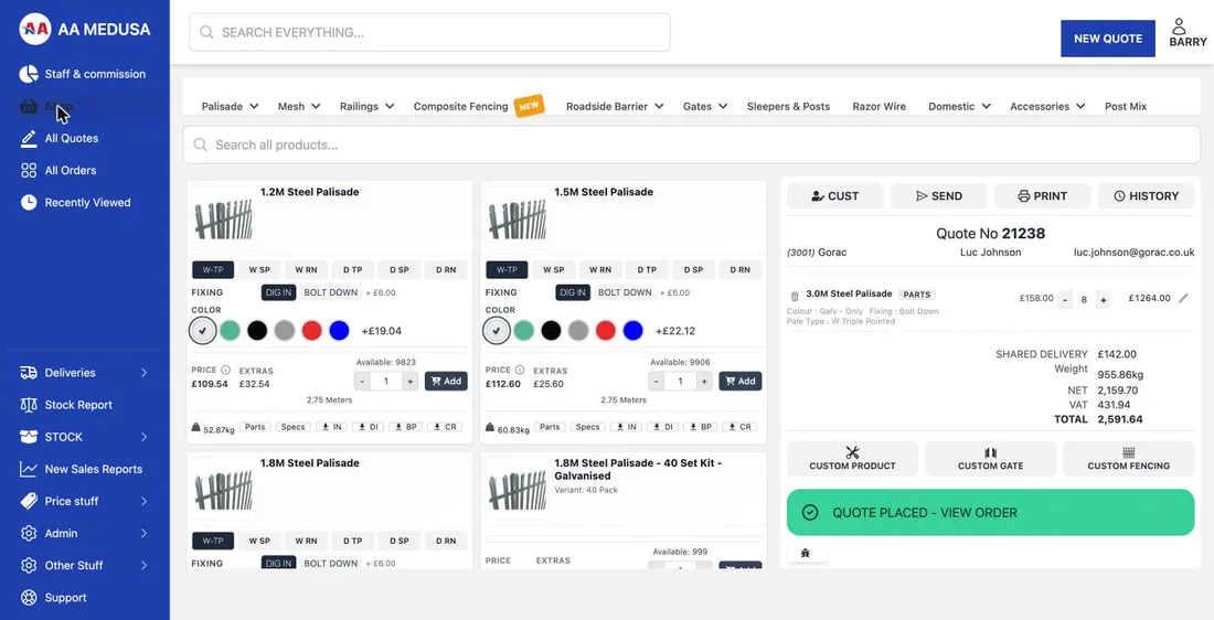 AA Fencing POS screen